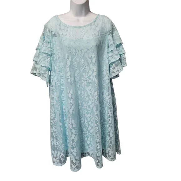 Lane Bryant Dress 18 Blue Lace Ruffle Sleeve Below Knee Pullover Sheath Floral - Picture 13 of 14